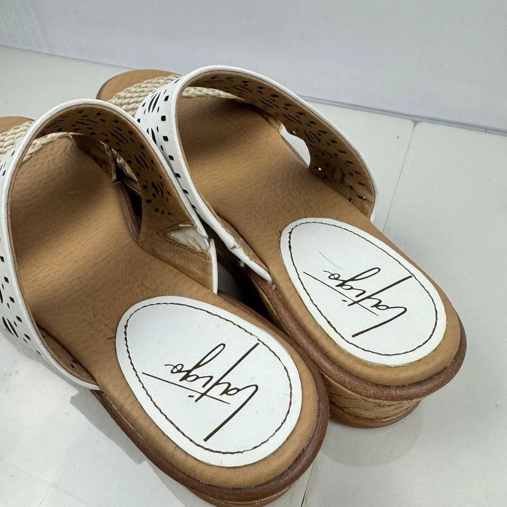 Latigo Kate White Wedge Slide Sandals Women Size 8‎ Cork Wedge Laser Cut